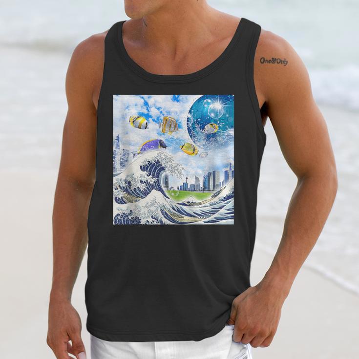 Frutiger Aero Aesthetic Tech Great Wave Of Kanagawa Fishes Unisex Tank Top