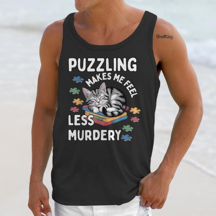 Puzzling Makes Me Feel Less Murdery Introvert Puzzle Cat Unisex Tank Top