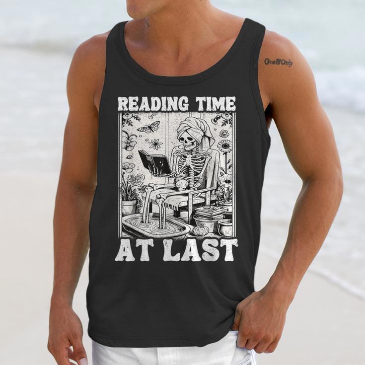 Reading Time At Last Book Lover Introvert Skeleton Reading Unisex Tank Top