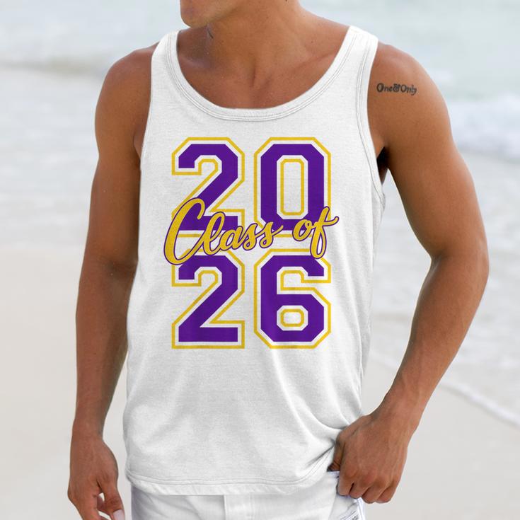 Class Of 2026 Graduation Varsity Purple And Yellow Letters Unisex Tank Top
