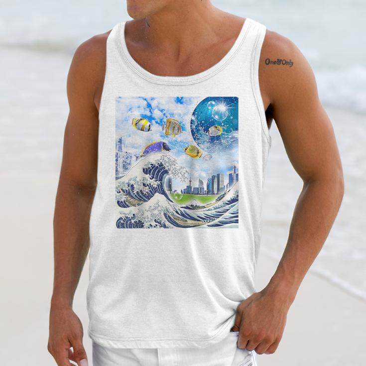 Frutiger Aero Aesthetic Tech Great Wave Of Kanagawa Fishes Raglan Baseball Tee Unisex Tank Top