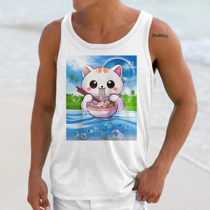 Frutiger Aero Aesthetic Tech Kawaii Ramen Cat Fishes Raglan Baseball Tee Unisex Tank Top