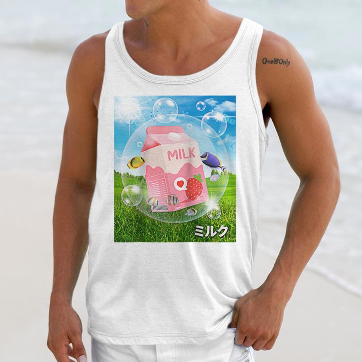 Frutiger Aero Aesthetic Tech Kawaii Strawberry Milk Fishes Raglan Baseball Tee Unisex Tank Top