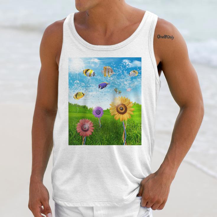 Frutiger Aero Aesthetic Tech Scenery Fishes Sunflower Raglan Baseball Tee Unisex Tank Top