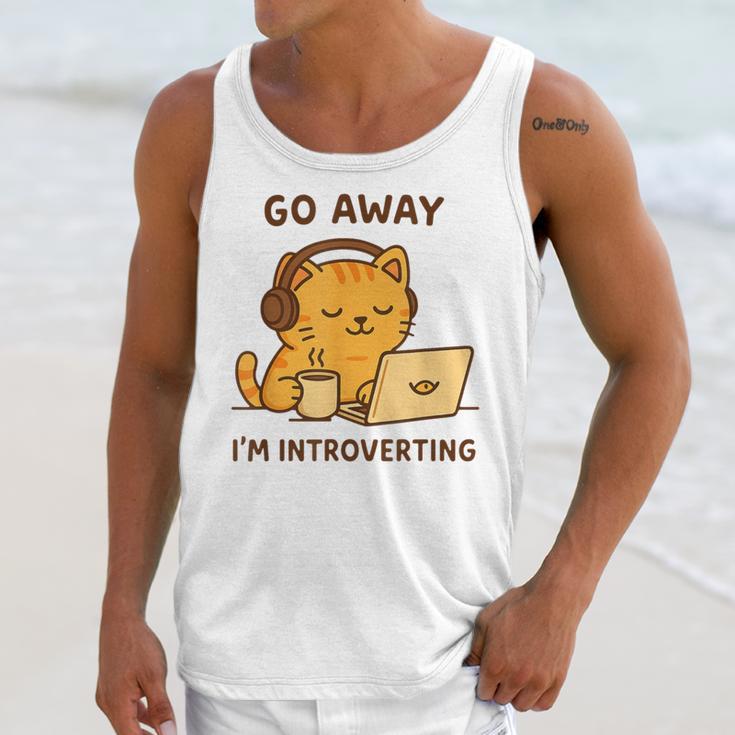 Go Away I'm Introverting Cozy Cat With Laptop And Coffee Unisex Tank Top