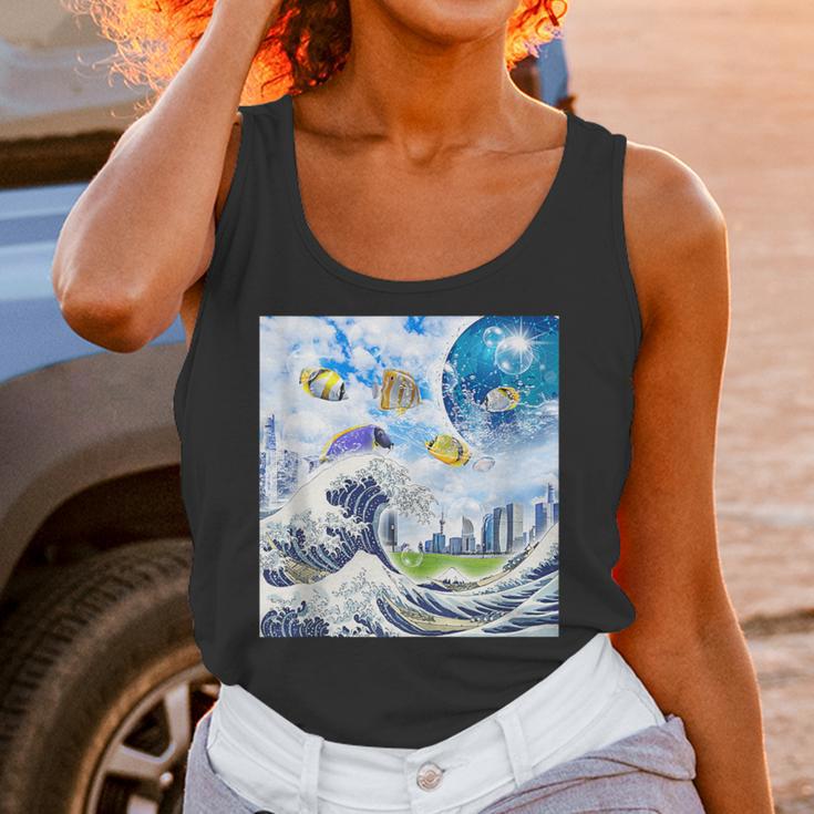 Frutiger Aero Aesthetic Tech Great Wave Of Kanagawa Fishes Unisex Tank Top