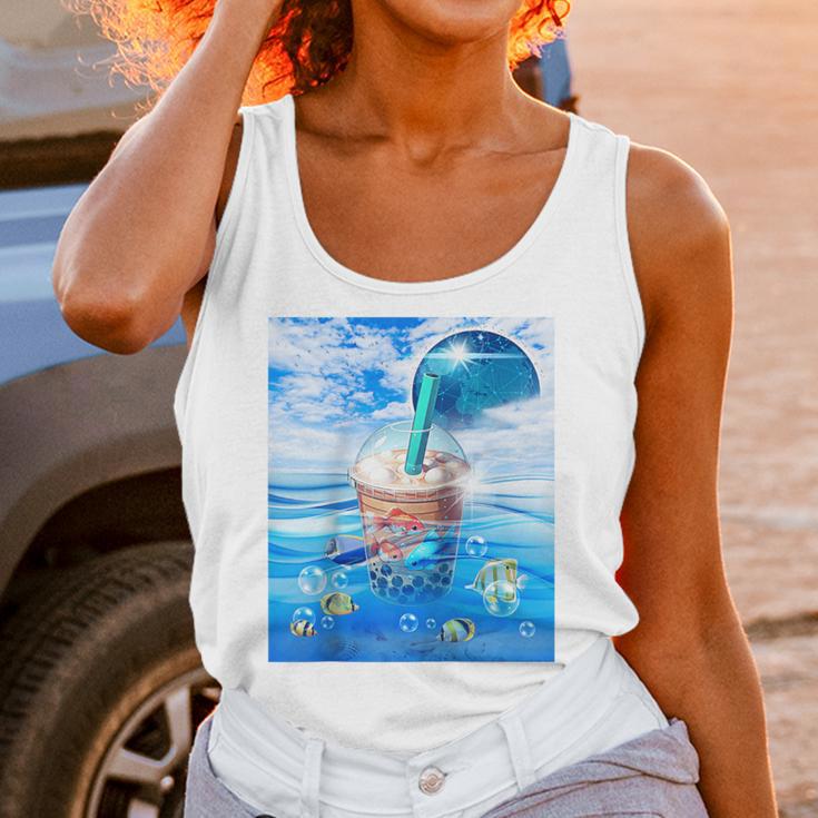 Frutiger Aero Aesthetic Tech Bubble Tea Boba Milktea Fishes Raglan Baseball Tee Unisex Tank Top