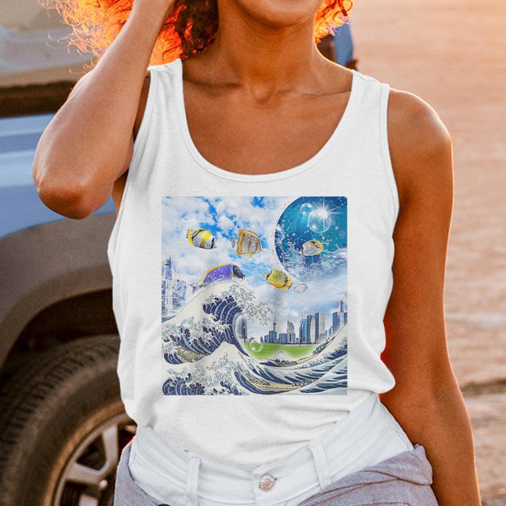 Frutiger Aero Aesthetic Tech Great Wave Of Kanagawa Fishes Raglan Baseball Tee Unisex Tank Top