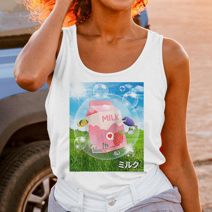 Frutiger Aero Aesthetic Tech Kawaii Strawberry Milk Fishes Raglan Baseball Tee Unisex Tank Top