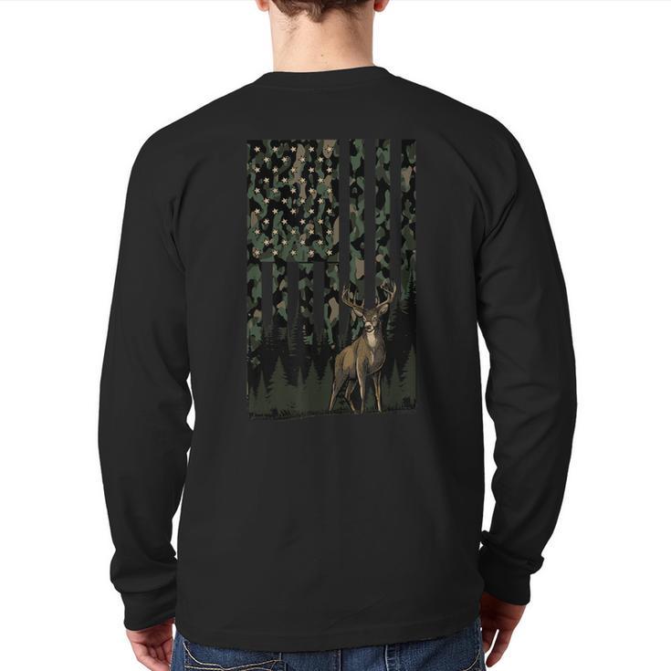 Camo Deer American Flag Graphic Hunting Men Dad Boys Long Sleeve T-Shirt Back Print