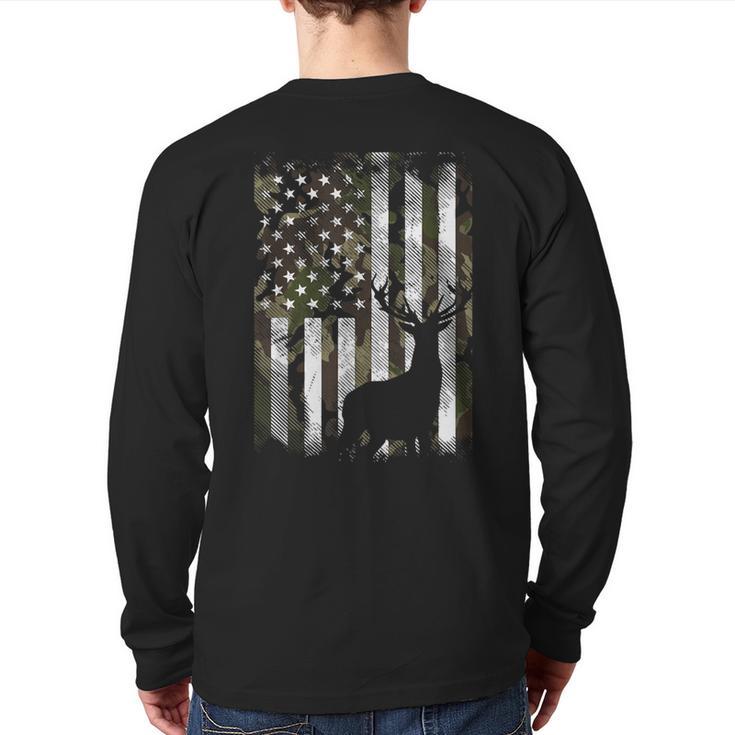 Camo US Flag Deer Elk Buck Camoflage Hunting Hunter Dad Short Sleeve Long Sleeve T-Shirt Back Print