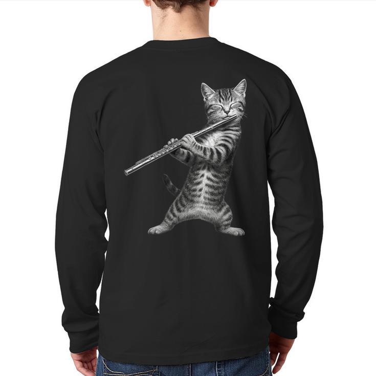 Cat Playing Flute For Cat Lover Cat Mom Cat Dad Long Sleeve T-Shirt Back Print