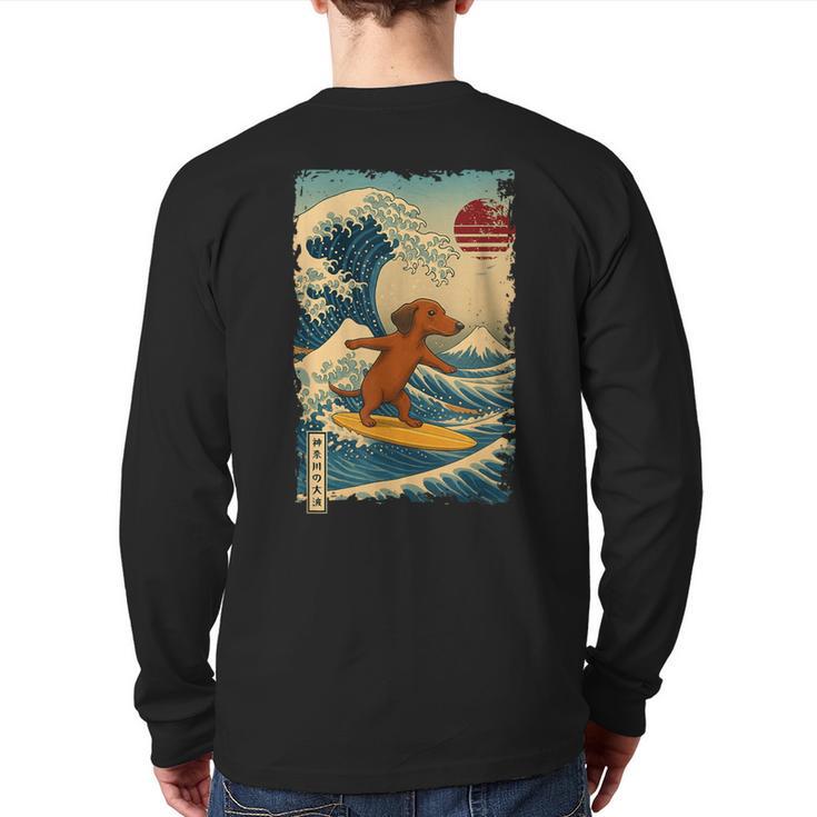 Dachshund Doxie Japanese Kanagawa Wave Surfing Japan Mom Dad Long Sleeve T-Shirt Back Print