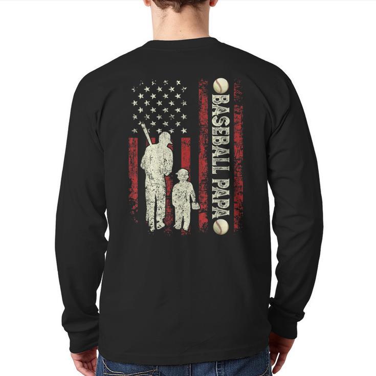 Father's Day Baseball Papa USA Flag Dad Men Baseball Long Sleeve T-Shirt Back Print