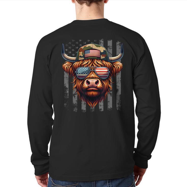 Highland Cow 4th July USA Flag Dad Father America Men Boys Long Sleeve T-Shirt Back Print
