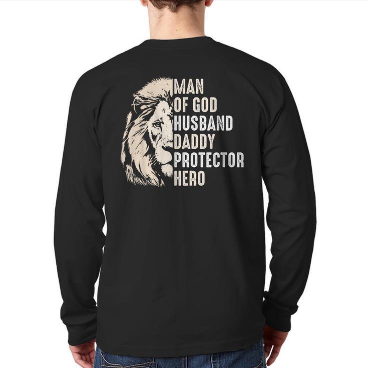 Man Of God Husband Daddy Protector Hero Lion Father's Day Long Sleeve T-Shirt Back Print