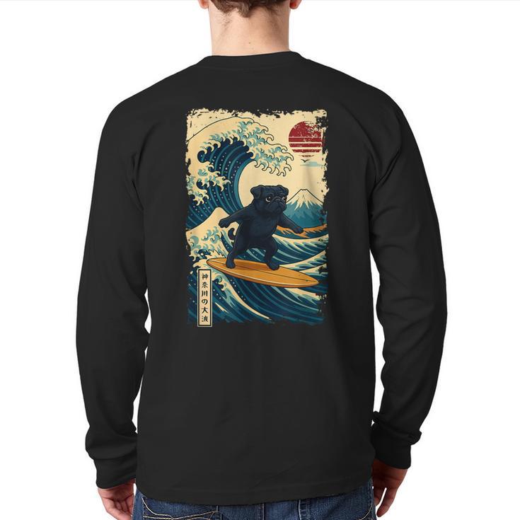 Pug Japanese Kanagawa Wave Surfing Japan Mom Dad Kids Long Sleeve T-Shirt Back Print