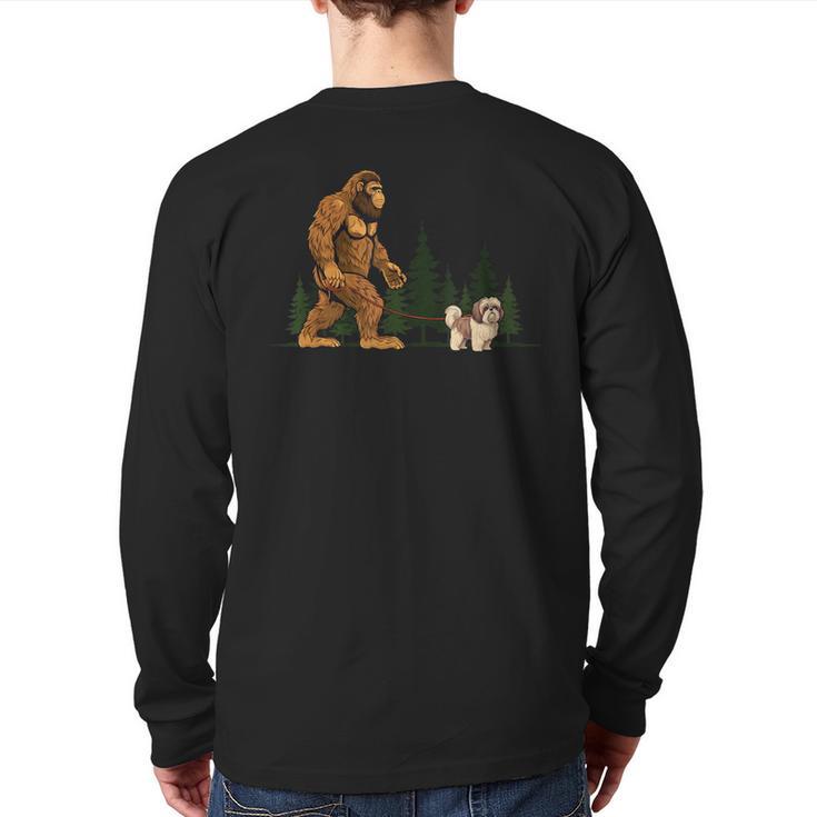 Shih Tzu Bigfoot Dog Walking Mom Dad Kids Long Sleeve T-Shirt Back Print