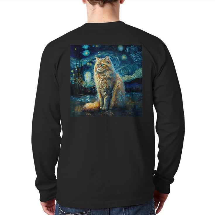 Van Gogh Starry Night Cat For Cat Lover Cat Mom And Cat Dad Long Sleeve T-Shirt Back Print