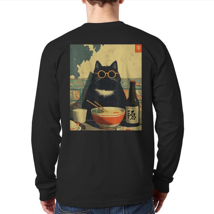 Vintage Japanese Cat Ramen Cat Dad Retro Graphic Women Long Sleeve T-Shirt Back Print