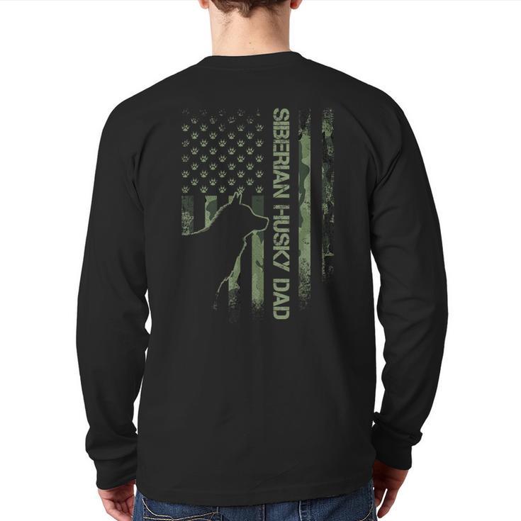 Vintage USA Camo Flag Proud Siberian Husky Dad Silhouette Long Sleeve T-Shirt Back Print