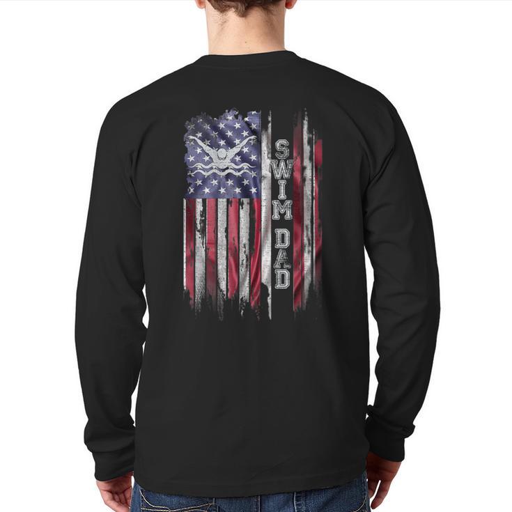 Vintage USA Flag Proud Swimming Dad Swim Swimmer Silhouette Long Sleeve T-Shirt Back Print