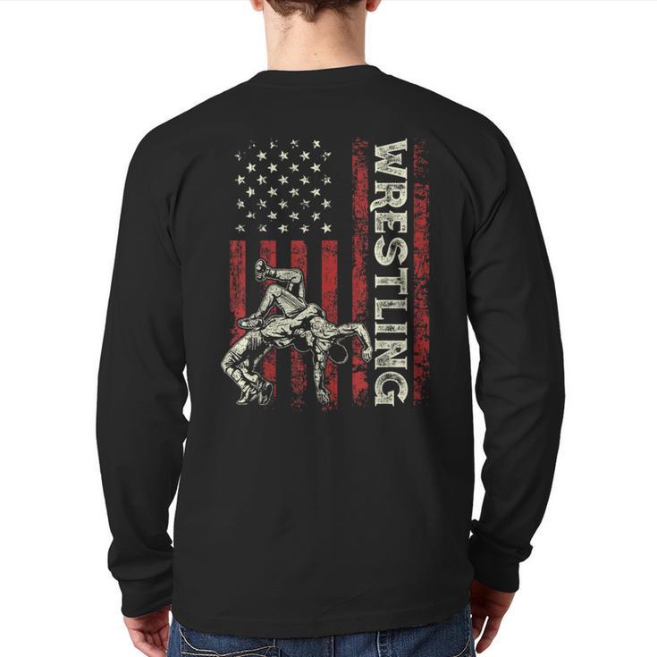 Wrestling US Flag Dad Wrestler Patriotic 4th Of July Long Sleeve T-Shirt Back Print
