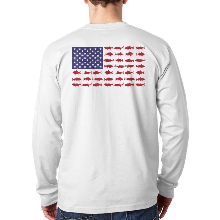 American Flag Fishing-Shirt Men Kids Bass Fish Dad Patriotic Long Sleeve T-Shirt Back Print