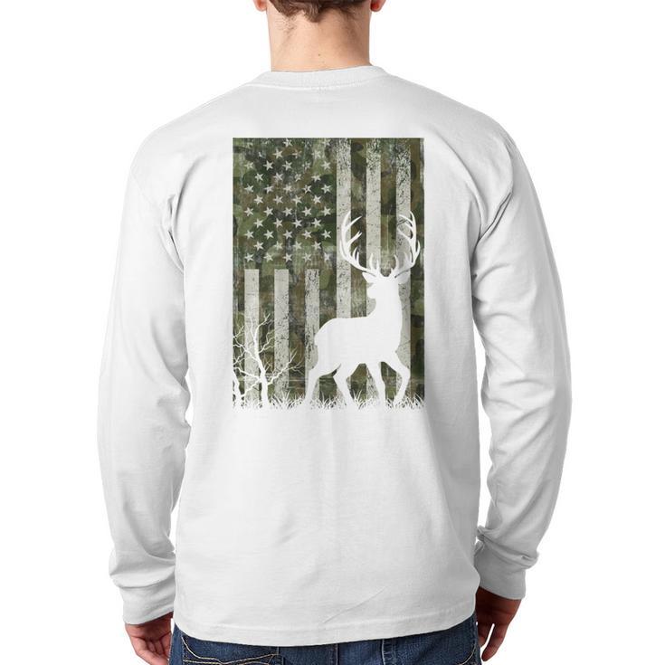 US Flag Deer Elk Buck Camoflage Hunting Hunter Dad Grandpa Long Sleeve T-Shirt Back Print