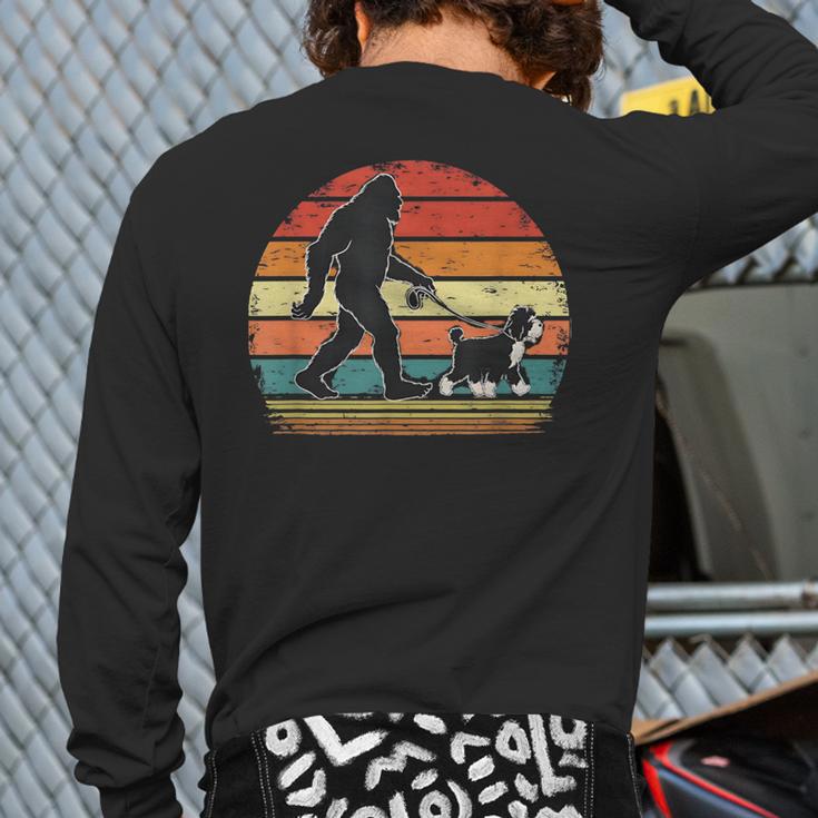 Bigfoot Walking a Dog Bernedoodle Dog Dad Long Sleeve T-Shirt Back Print