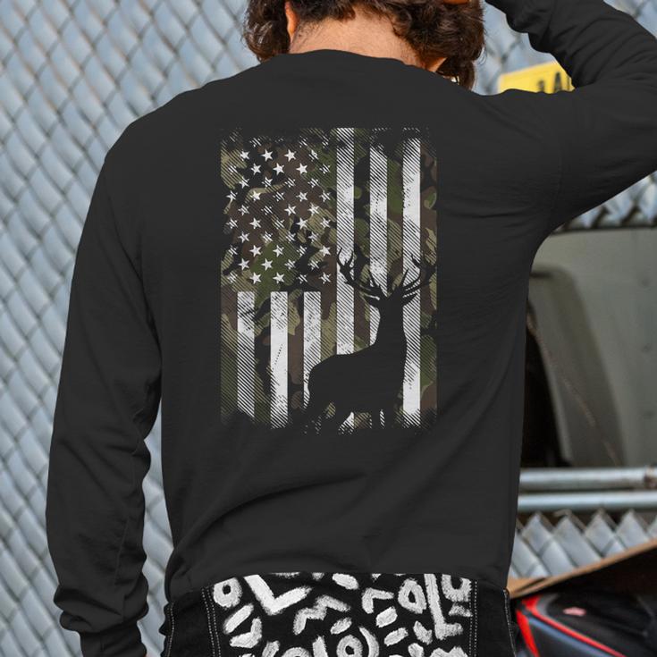 Camo US Flag Deer Elk Buck Camoflage Hunting Hunter Dad Short Sleeve Long Sleeve T-Shirt Back Print