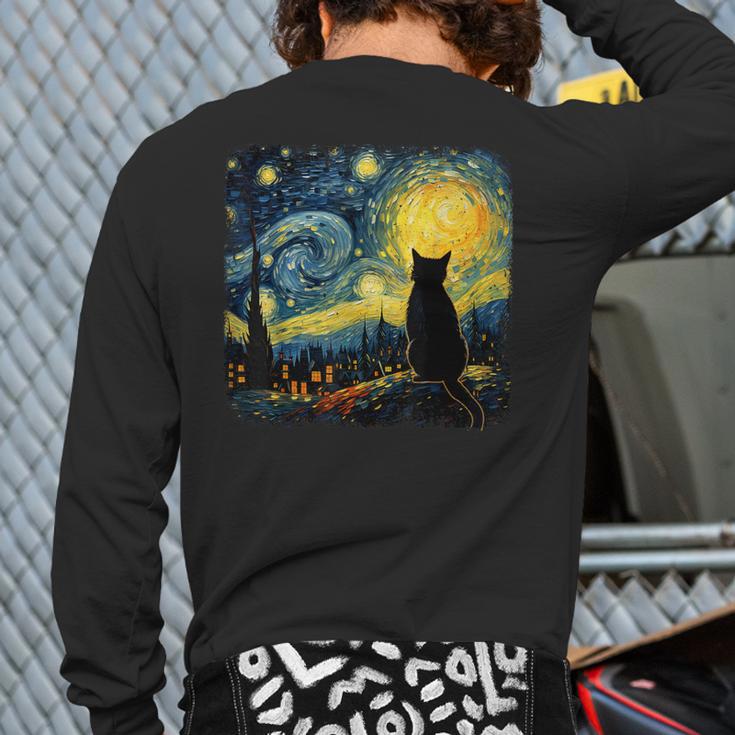 Cat Starry Night Van Gogh Cat For Cat Lover Cat Mom Cat Dad Long Sleeve T-Shirt Back Print