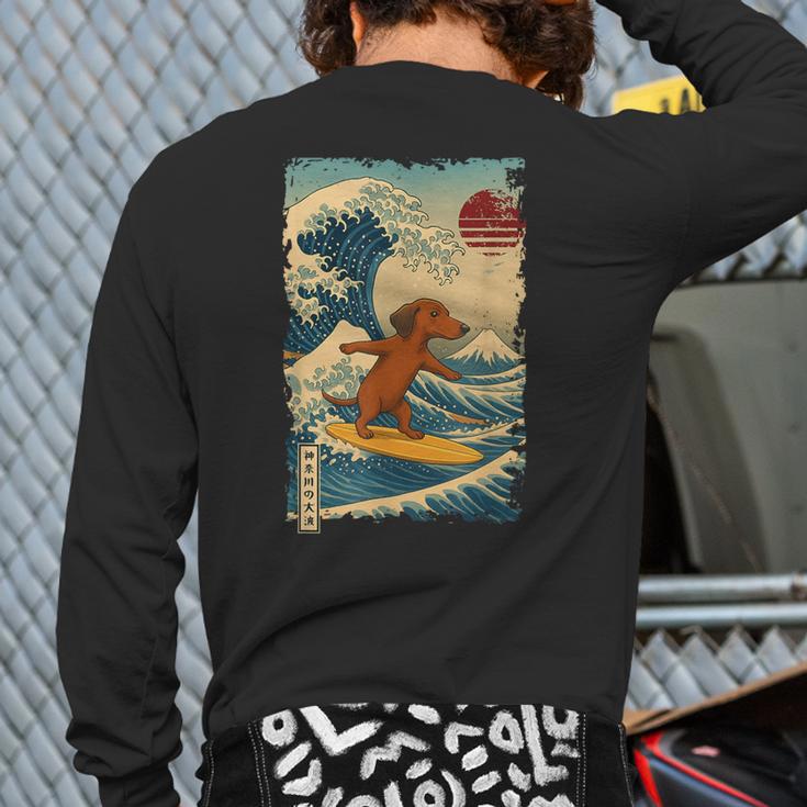Dachshund Doxie Japanese Kanagawa Wave Surfing Japan Mom Dad Long Sleeve T-Shirt Back Print