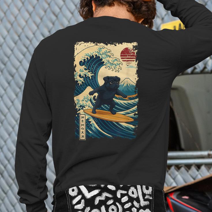 Pug Japanese Kanagawa Wave Surfing Japan Mom Dad Kids Long Sleeve T-Shirt Back Print