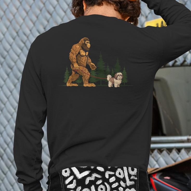 Shih Tzu Bigfoot Dog Walking Mom Dad Kids Long Sleeve T-Shirt Back Print Shih Tzu Bigfoot Dog Walking Mom Dad Kids Long Sleeve T-Shirt Back Print