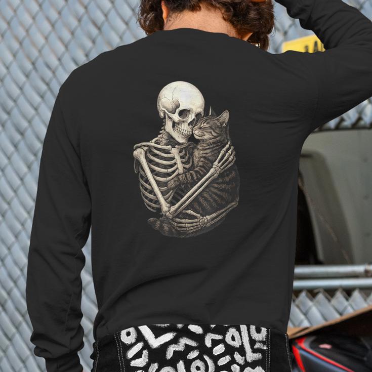 Skeleton Hugging Cat Halloween Cat Lover Cat Mom Dad Long Sleeve T-Shirt Back Print