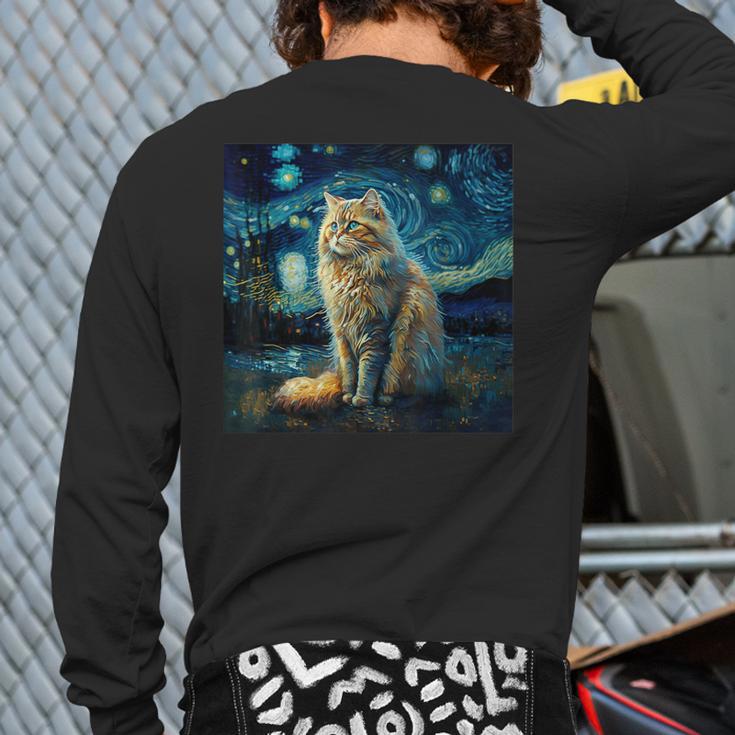 Van Gogh Starry Night Cat For Cat Lover Cat Mom And Cat Dad Long Sleeve T-Shirt Back Print