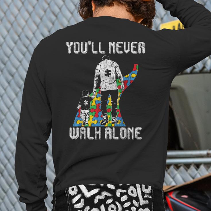 Vintage Father Son Family Autistic Kids Autism Awareness Dad Long Sleeve T-Shirt Back Print