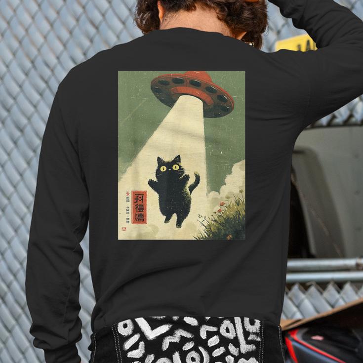 Vintage Japanese Cat Alien Cat Dad UFO Abduction Graphic Tee Long Sleeve T-Shirt Back Print