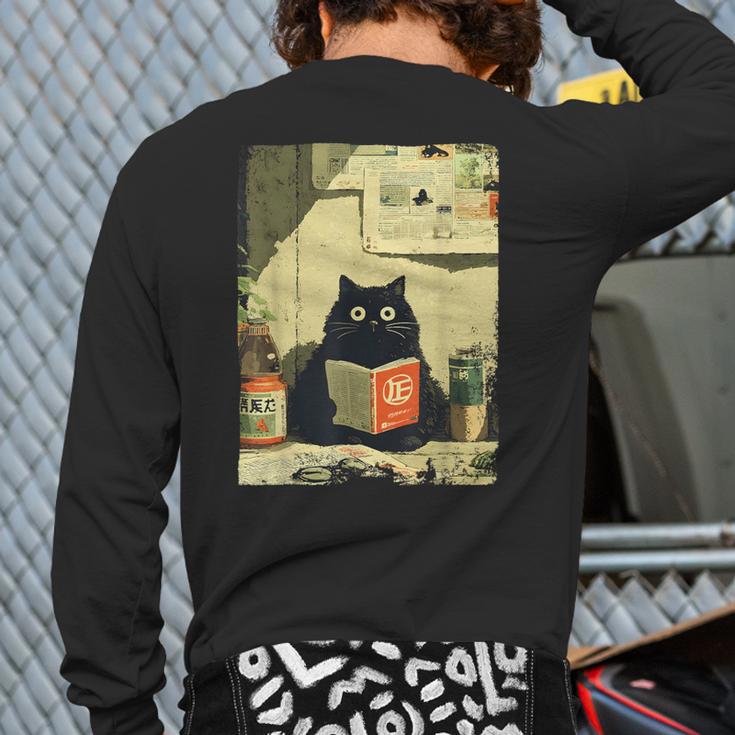 Vintage Japanese Cat Book Lovers Librarian Cat Dad Teacher Long Sleeve T-Shirt Back Print
