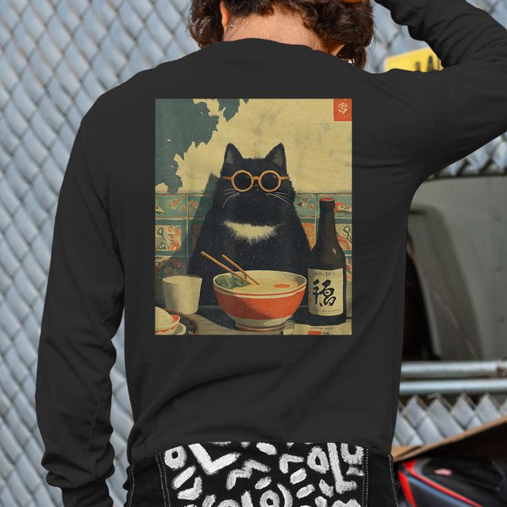 Vintage Japanese Cat Ramen Cat Dad Retro Graphic Women Long Sleeve T-Shirt Back Print