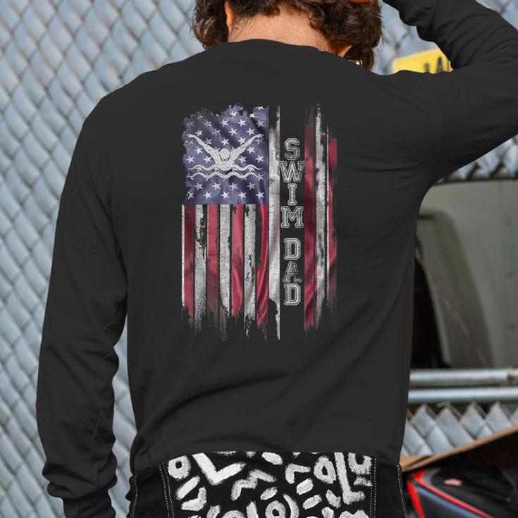 Vintage USA Flag Proud Swimming Dad Swim Swimmer Silhouette Long Sleeve T-Shirt Back Print