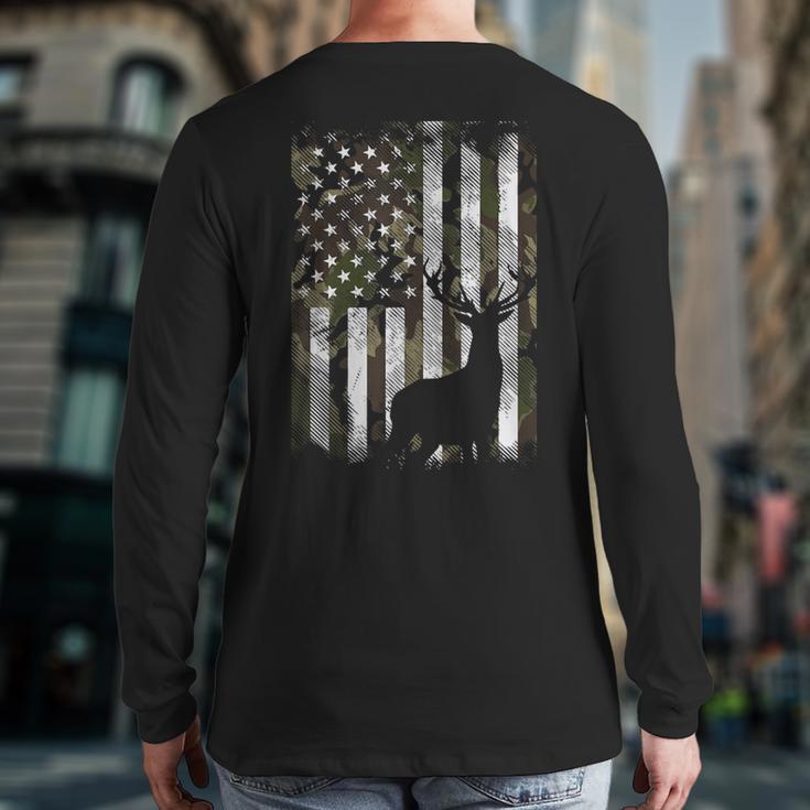 Camo US Flag Deer Elk Buck Camoflage Hunting Hunter Dad Short Sleeve Long Sleeve T-Shirt Back Print