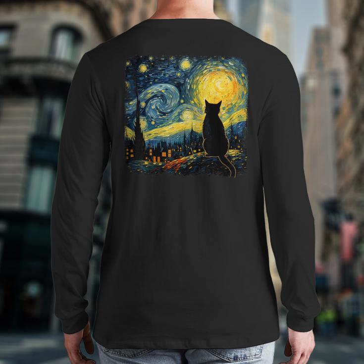 Cat Starry Night Van Gogh Cat For Cat Lover Cat Mom Cat Dad Long Sleeve T-Shirt Back Print