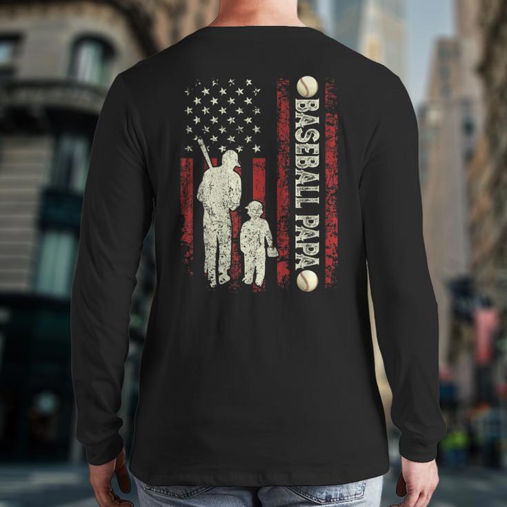 Father's Day Baseball Papa USA Flag Dad Men Baseball Long Sleeve T-Shirt Back Print
