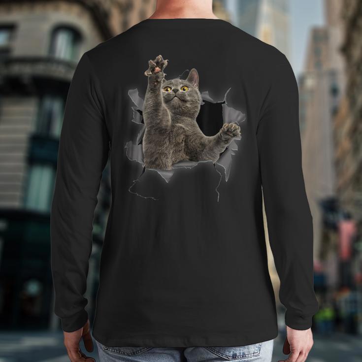Grey Cat Torn Cloth Cat Dad Cat Mom Cat Lover Long Sleeve T-Shirt Back Print