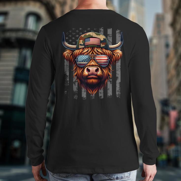 Highland Cow 4th July USA Flag Dad Father America Men Boys Long Sleeve T-Shirt Back Print