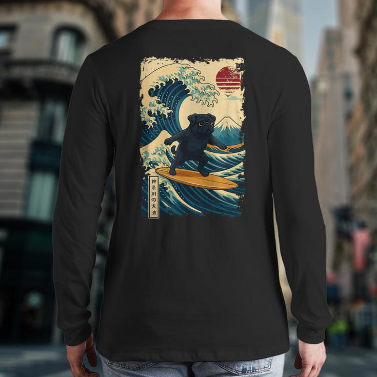 Pug Japanese Kanagawa Wave Surfing Japan Mom Dad Kids Long Sleeve T-Shirt Back Print