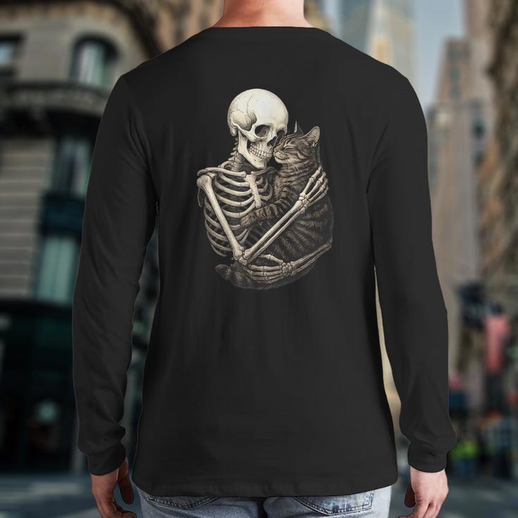 Skeleton Hugging Cat Halloween Cat Lover Cat Mom Dad Long Sleeve T-Shirt Back Print
