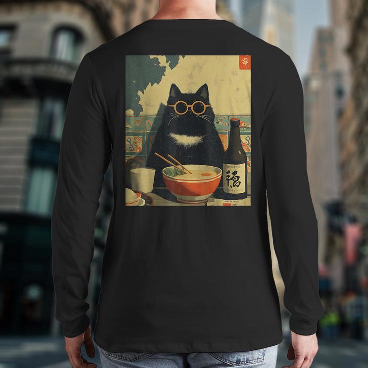 Vintage Japanese Cat Ramen Cat Dad Retro Graphic Women Long Sleeve T-Shirt Back Print
